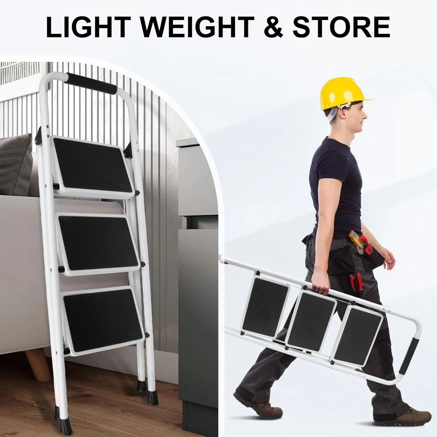 3 Step Ladder, ODEB Folding Step Stool with Wide Anti-Slip Pedal, 330lbs Sturdy Steel Ladder, Convenient Handgrip, Lightweight, Portable Steel Step Stool,Black