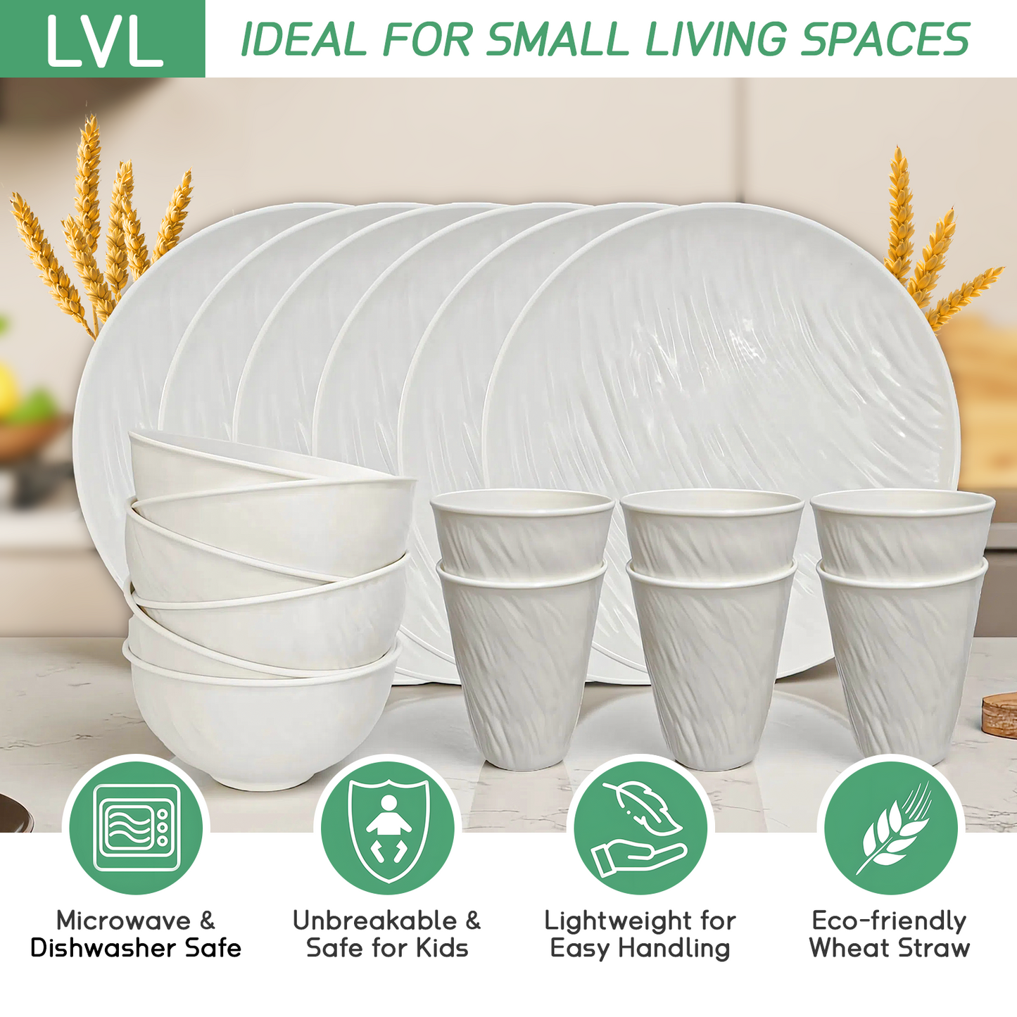 Unbreakable Dinnerware Sets, Rock Texture Bowls Sets for 18PCS, Microwave & Dishwasher Safe, Eco-Friendly, Perfect for Dinners, Buffets, and Events- White