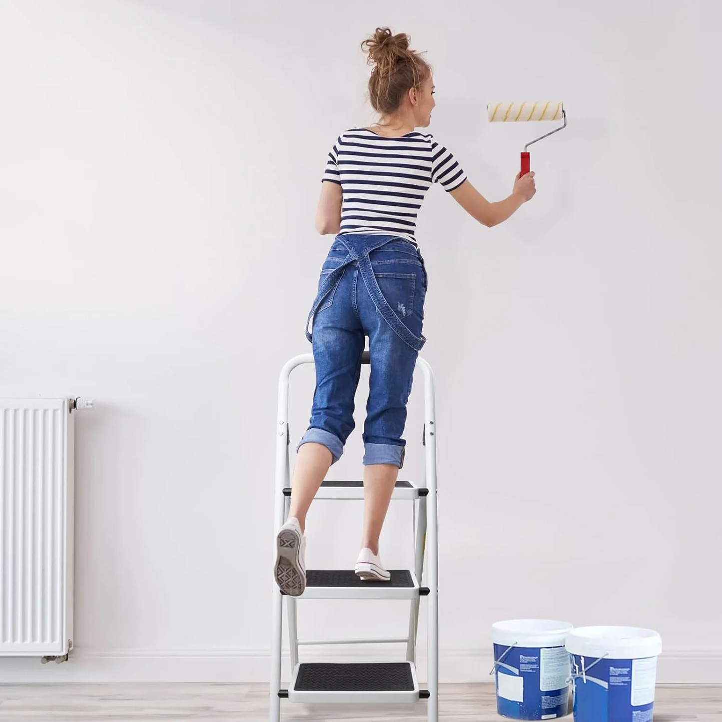 3 Step Ladder, ODEB Folding Step Stool with Wide Anti-Slip Pedal, 330lbs Sturdy Steel Ladder, Convenient Handgrip, Lightweight, Portable Steel Step Stool