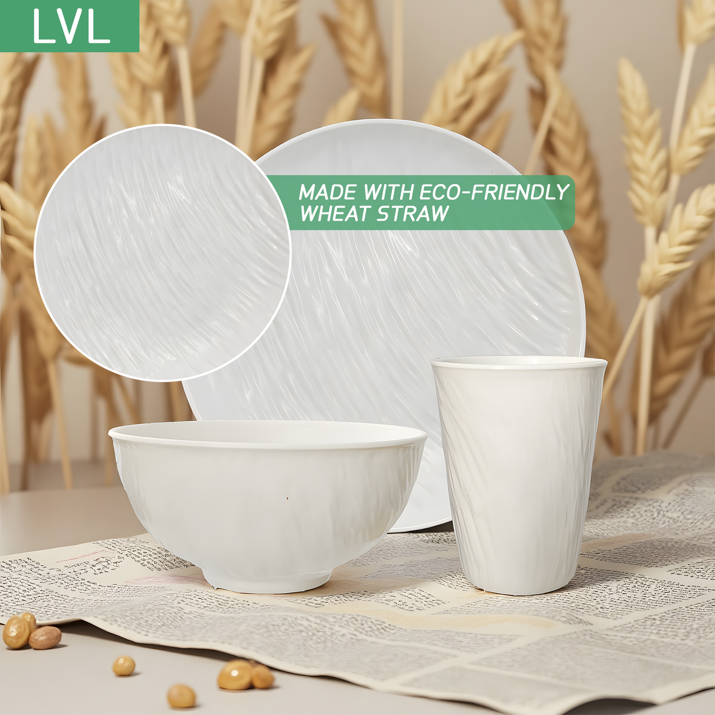Unbreakable Dinnerware Sets, Rock Texture Bowls Sets for 18PCS, Microwave & Dishwasher Safe, Eco-Friendly, Perfect for Dinners, Buffets, and Events- White