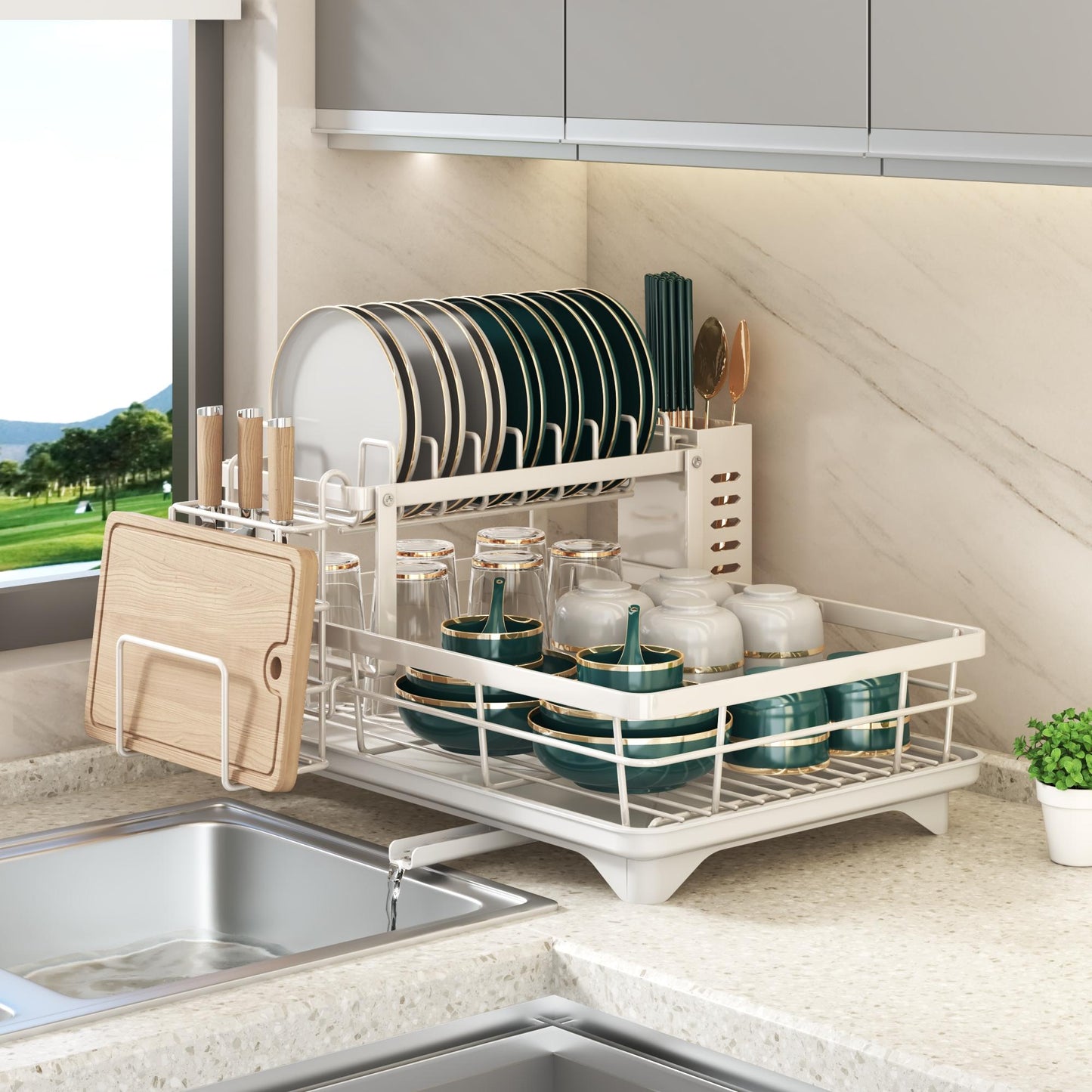 Dish Drying Rack- Space-Saving Dish Rack, Dish Racks for Kitchen Counter, Stainless Steel Kitchen Drying Rack with a Cutlery Holder,12''W x 17''L, White