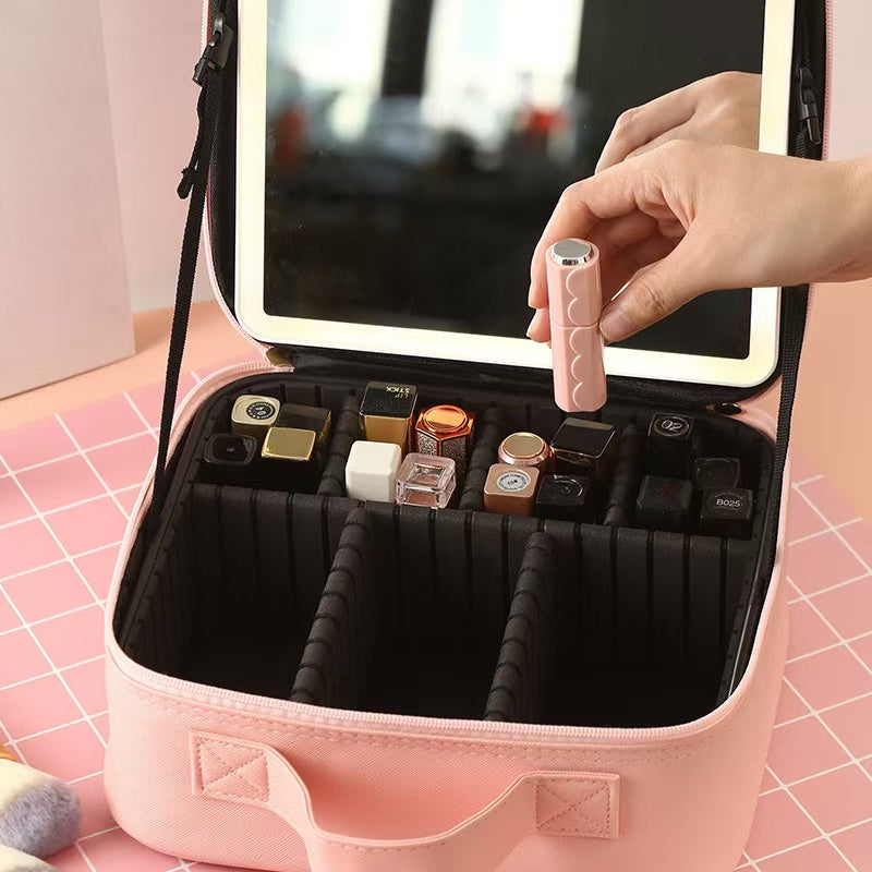 IDFINE Travel Makeup Bag With LED Mirror, Cosmetic Train Case with Light up Mirror, Portable Makeup Artist Organizer Bag with Adjustable Dividers, Makeup Brush Holder Storage, Pink