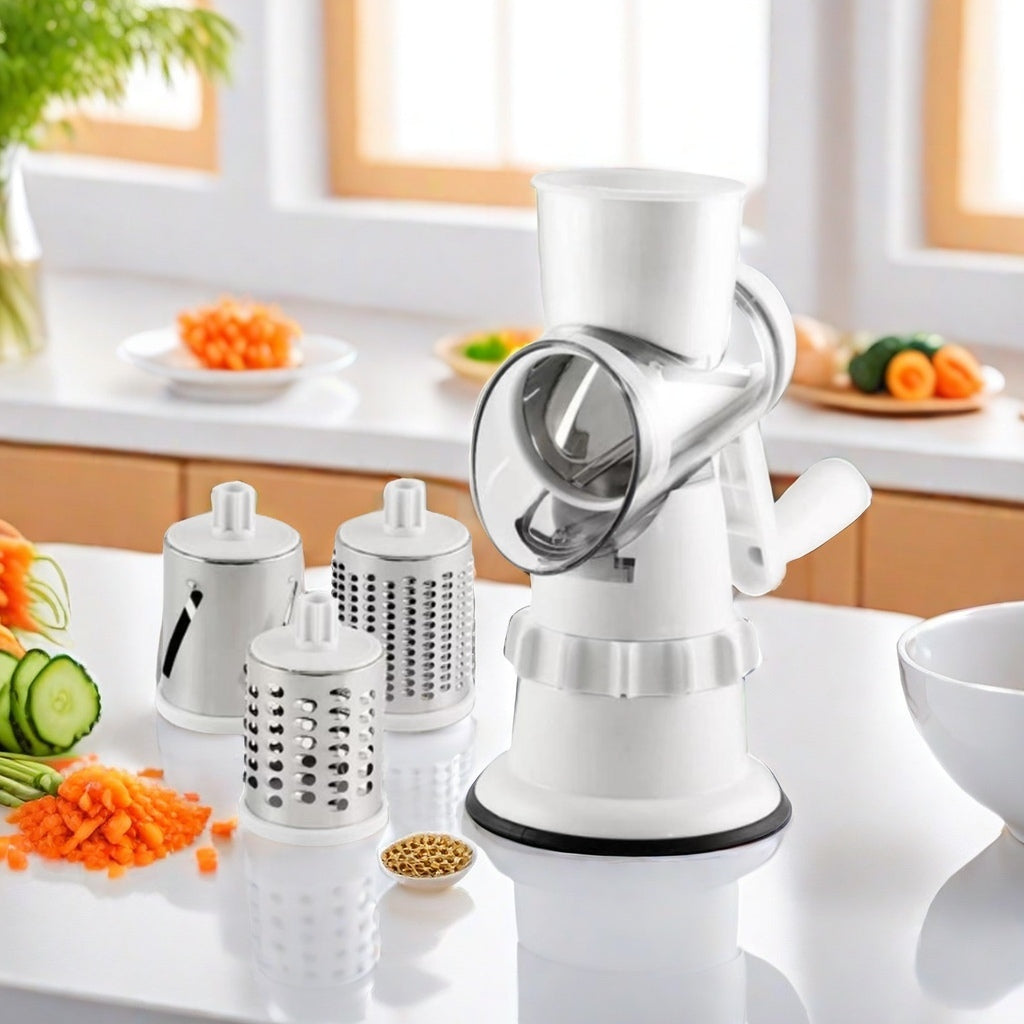 Rotary Cheese Grater, Kitchen Mandoline Vegetable Slicer with 3 Interchangeable Blades, Easy to Clean Grater for Fruit, Vegetables, Nuts-White