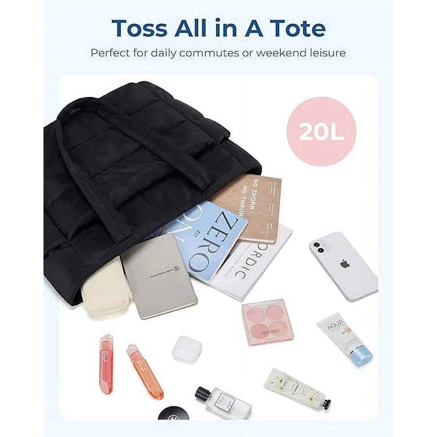 Tote Bag for Women, Lightweight Puffy Tote Bag with Compartments, Quilted Shoulder Bag Handbag for Travel, Work