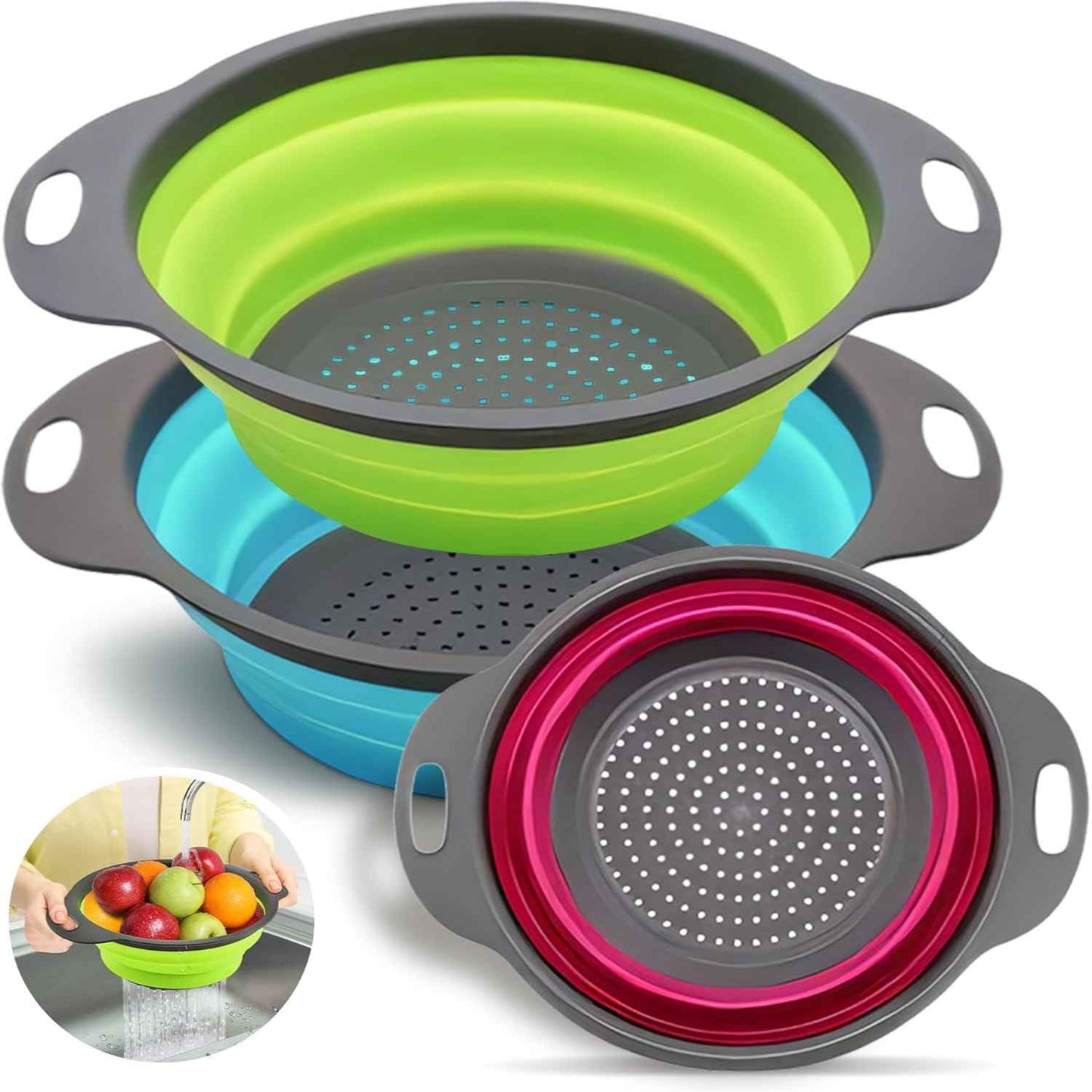 LVL Collapsible Colander Set of 3 Round Silicone Kitchen Strainer Set - 2 pcs 4 Quart and 1 pcs 2 Quart- Perfect for Draining Pasta, Vegetable and fruit (green,blue, purple)
