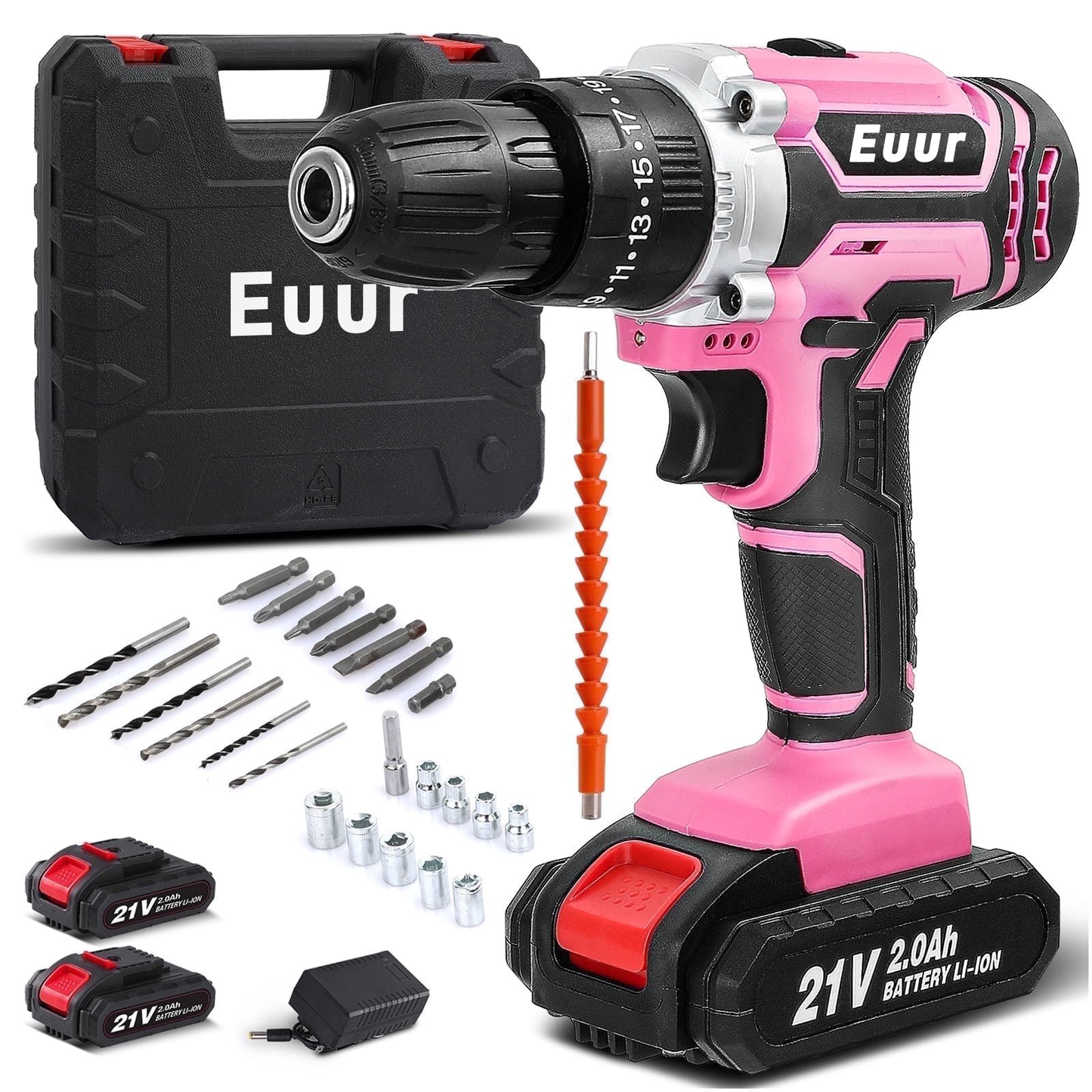 Cordless Drill, 21V Power Drill Set with 2Ah Battery, 3/8"Keyless Chuck, 25+1 Position Electric Drill, 2-Speed Transmission For Screwdriving And Drilling, Pink
