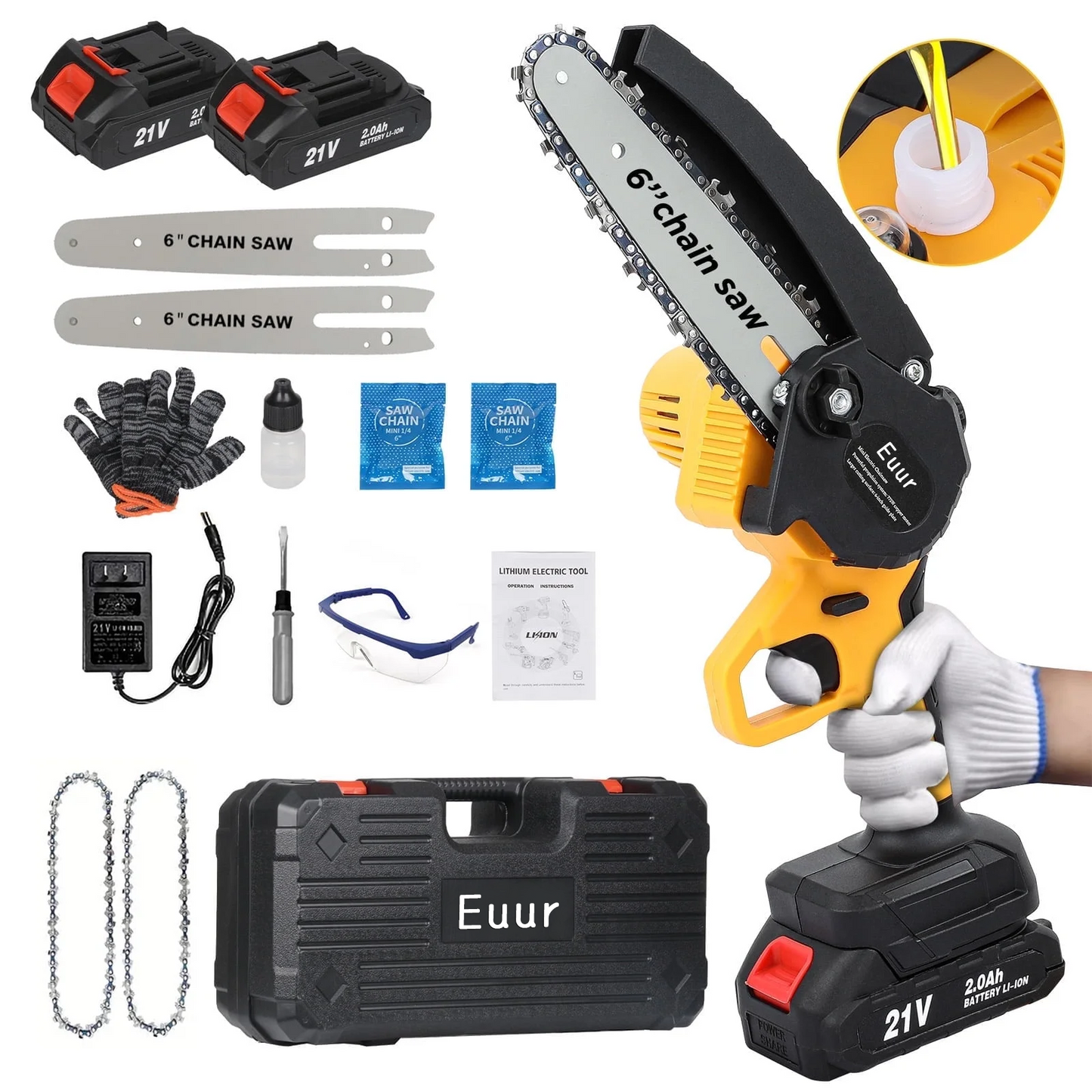 Euur 6 inch Mini Chainsaw with 2x21V 2000mAh Batteries and 2 Chains, Electric Cordless Chainsaw Set with Security Lock for Wood Cutting Tree Pruning Trimming, Yellow