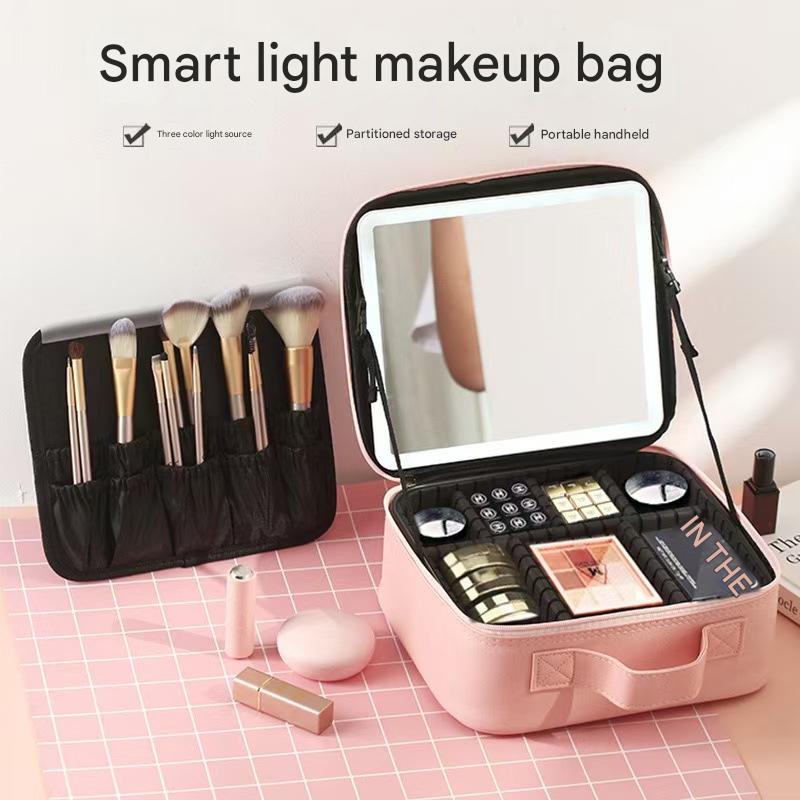 IDFINE Travel Makeup Bag With LED Mirror, Cosmetic Train Case with Light up Mirror, Portable Makeup Artist Organizer Bag with Adjustable Dividers, Makeup Brush Holder Storage, Pink