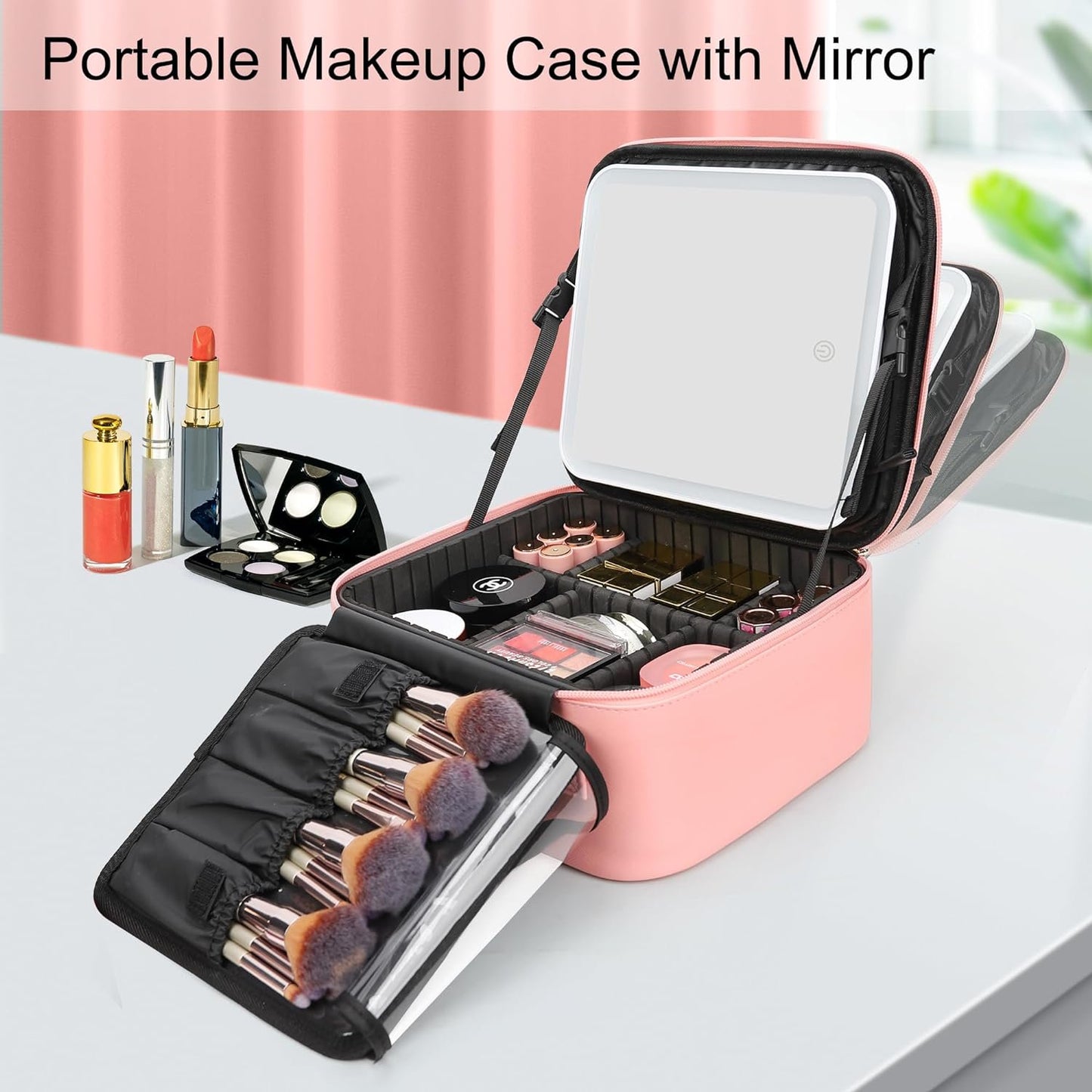 IDFINE Travel Makeup Bag With LED Mirror, Cosmetic Train Case with Light up Mirror, Portable Makeup Artist Organizer Bag with Adjustable Dividers, Makeup Brush Holder Storage, Pink