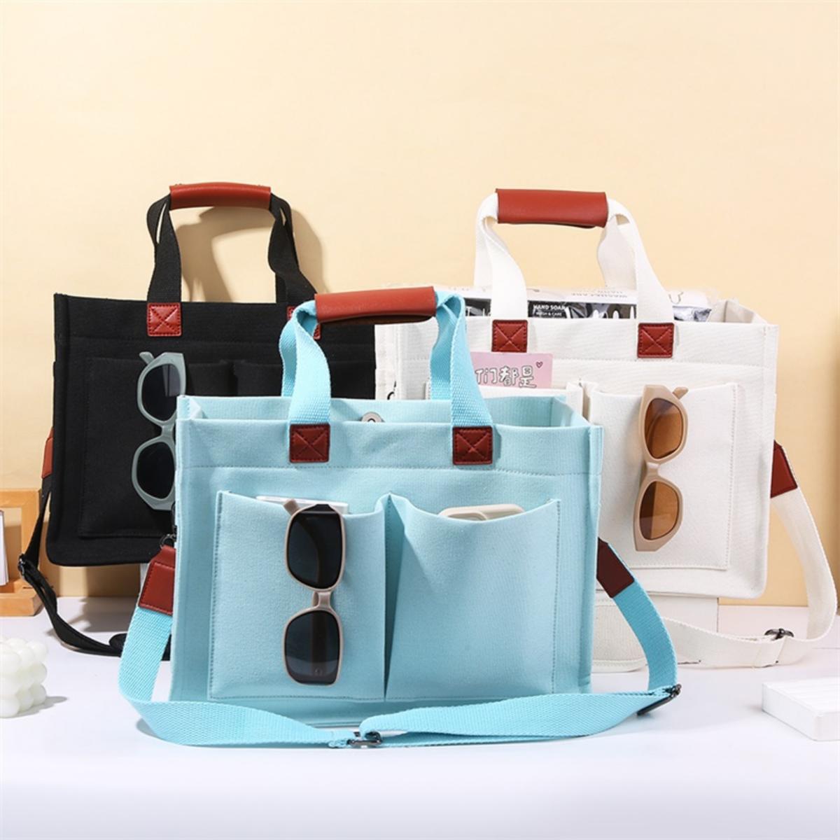 EHIW Tote Bag for Women With Compartments,Large Canvas Tote Women's Purse Crossbody Bags Work Laptop Book Bag Satchels Handbags,Black