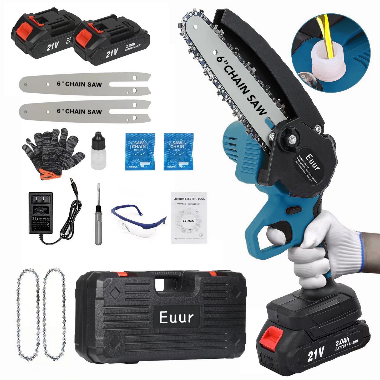 6 inch Mini Chainsaw with 2x2000mAh Batteries and 2 Chains, Electric Cordless Chainsaw Set with Security Lock for Wood Cutting Tree Pruning Trimming, Blue