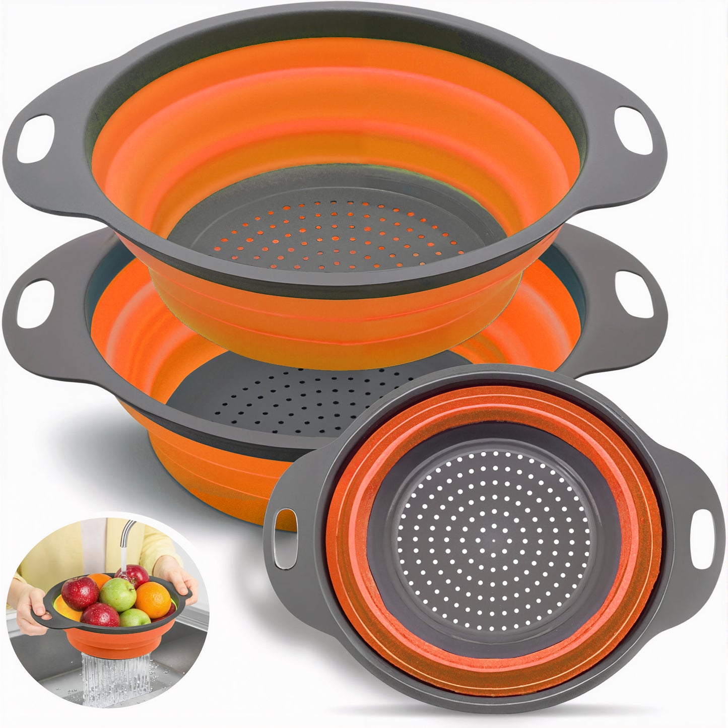 LVL Collapsible Colander Set of 3 Round Silicone Kitchen Strainer Set - 2 pcs 4 Quart and 1 pcs 2 Quart- Perfect for Draining Pasta, Vegetable and fruit (gray )