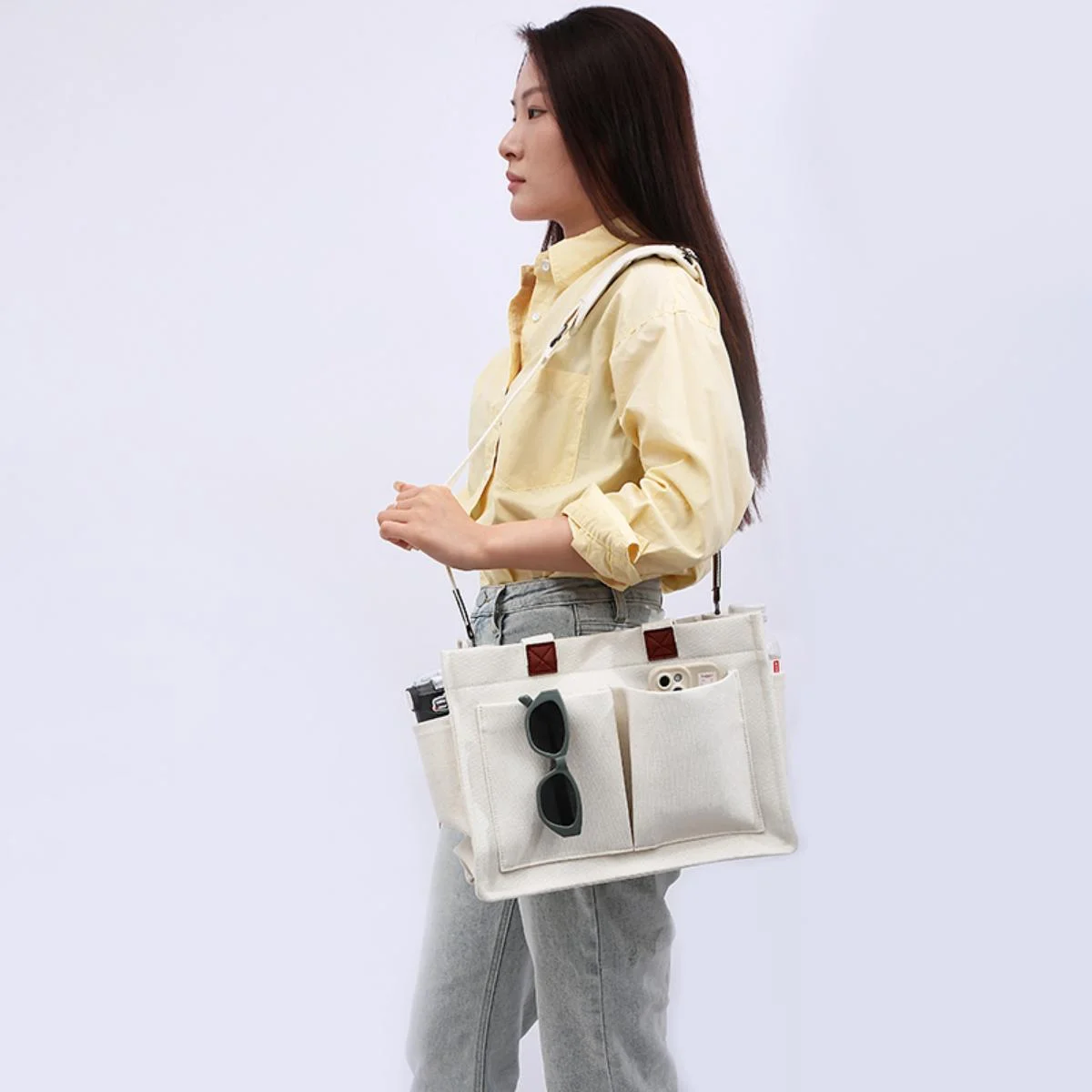 EHIW Tote Bag for Women With Compartments,Large Canvas Tote Women's Purse Crossbody Bags Work Laptop Book Bag Satchels Handbags,White