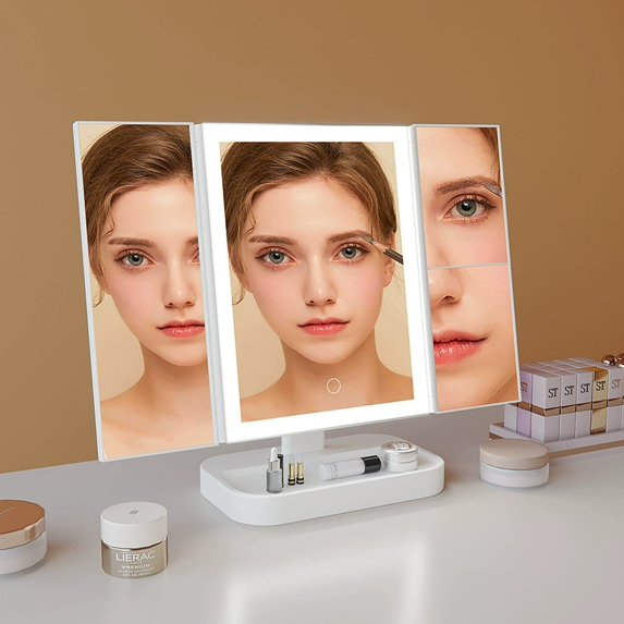 IDFINE Makeup Vanity Mirror with Lights, 1X 2X 3X Magnification, Lighted , Touch Control, Trifold , Dual Power Supply, Portable LED Makeup Mirror, Women Gift (White)