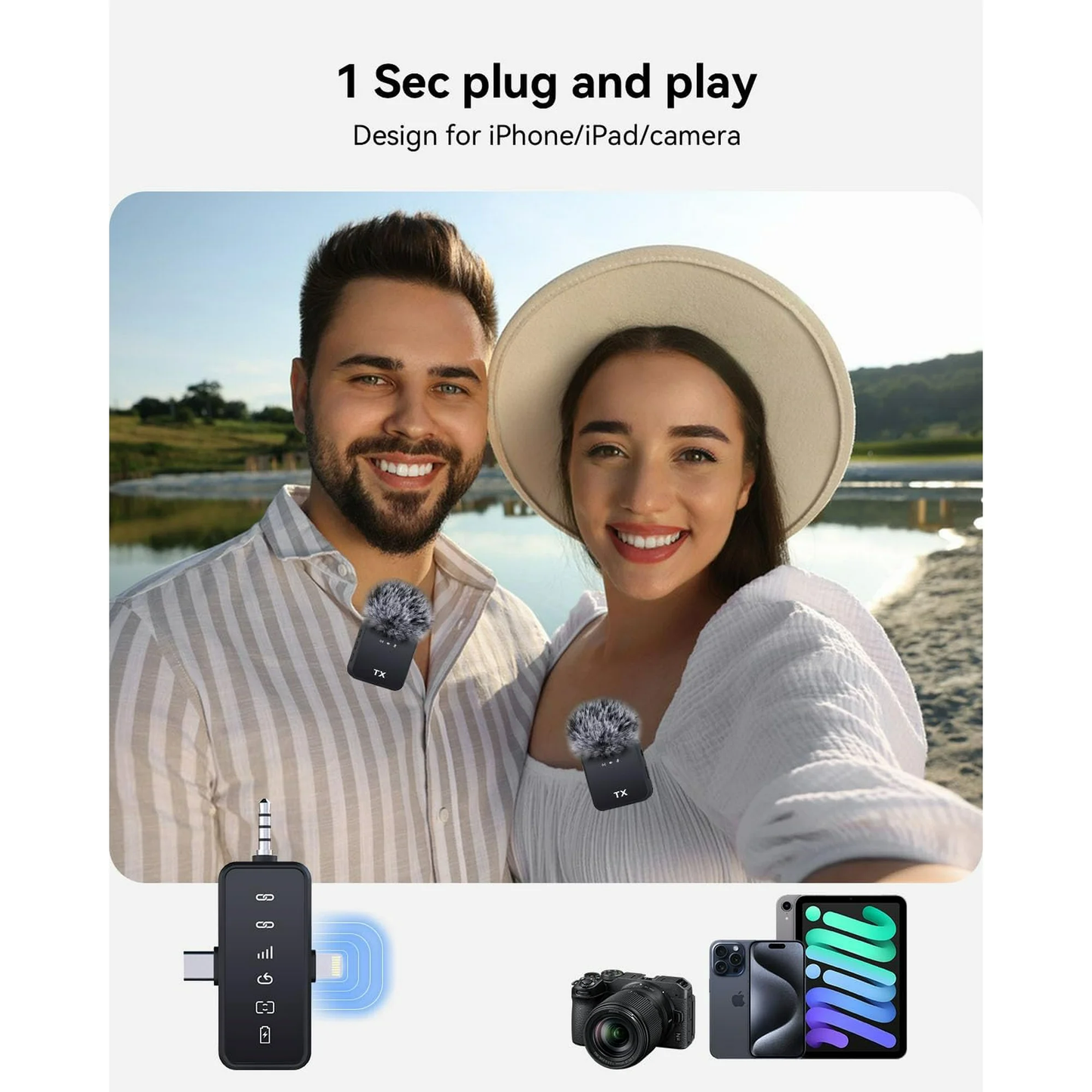LOOKFUN 3 in 1 Microphone for iPhone/Android/Camera, Wireless Lavalier Microphone, 100ft Transmission, 18H Battery Life, Mini Microphone for Record Interview, Vlogs, YouTube, Tiktok
