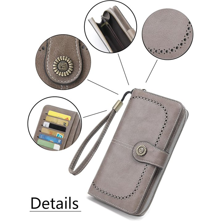 EHIW Wallets for Women Leather Credit Card Holder with RFID Blocking Large Capacity Wristlet , Gray