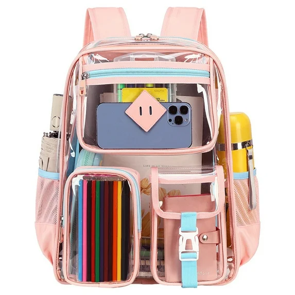 EHIW Clear Backpack for School,Heavy Duty PVC Transparent Bookbag for Women Stadium Approved See Through Backpack (Pink)