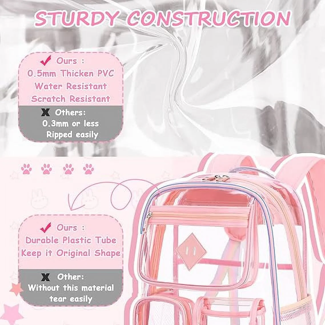 EHIW Clear Backpack for School,Heavy Duty PVC Transparent Bookbag for Women Stadium Approved See Through Backpack (Pink)