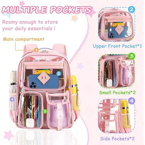 EHIW Clear Backpack for School,Heavy Duty PVC Transparent Bookbag for Women Stadium Approved See Through Backpack (Pink)