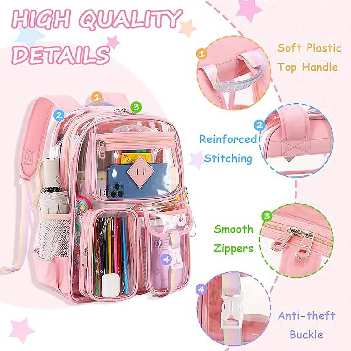 EHIW Clear Backpack for School,Heavy Duty PVC Transparent Bookbag for Women Stadium Approved See Through Backpack (Pink)