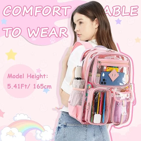 EHIW Clear Backpack for School,Heavy Duty PVC Transparent Bookbag for Women Stadium Approved See Through Backpack (Pink)