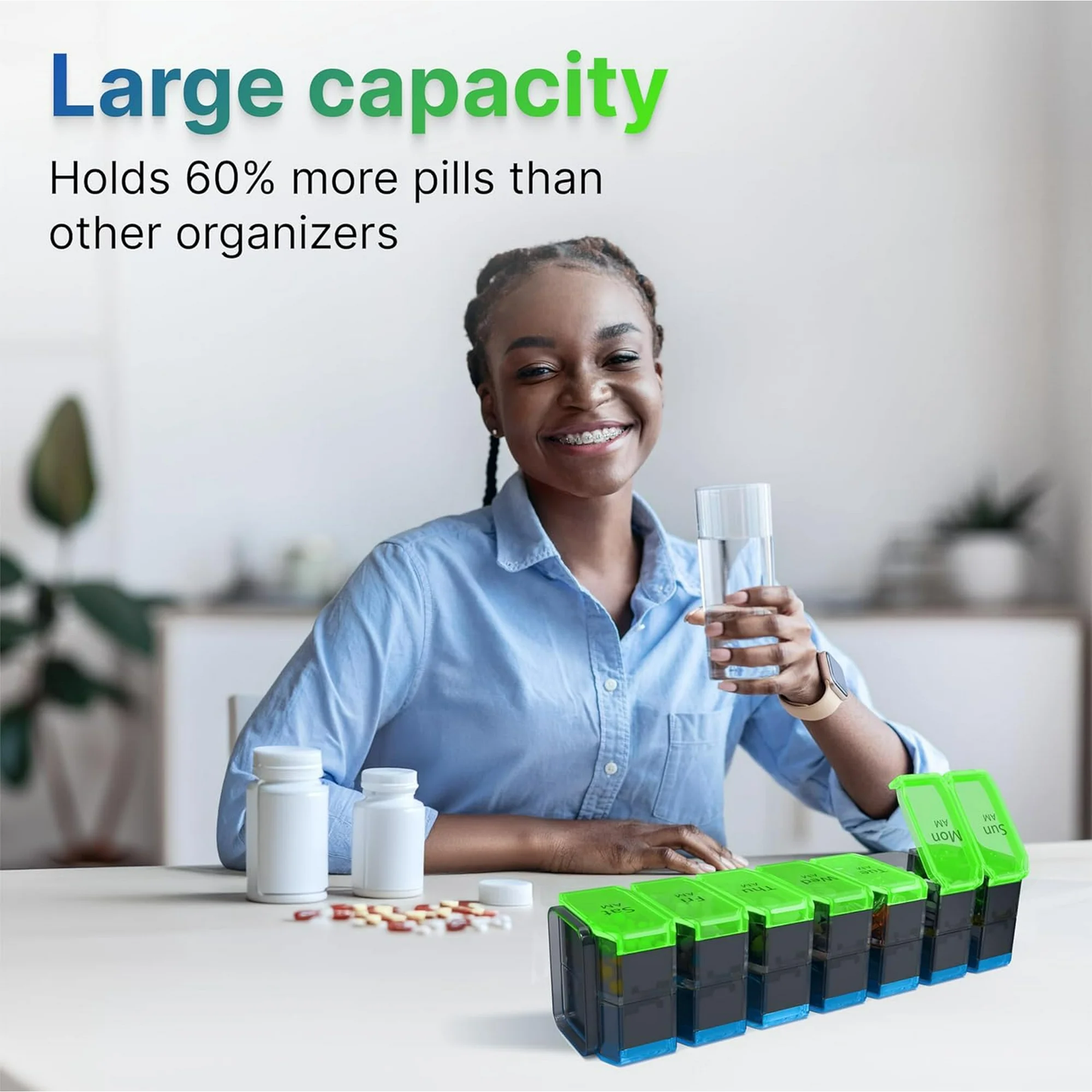 IDFINE Large Weekly Pill Organizer 2 Times a Day XL Pill Case Am Pm Pill Box 7 Day Oversized Daily Vitamin Organizer Jumbo Pill Container Twice a Day Medicine Supplement Dispenser Green and Blue