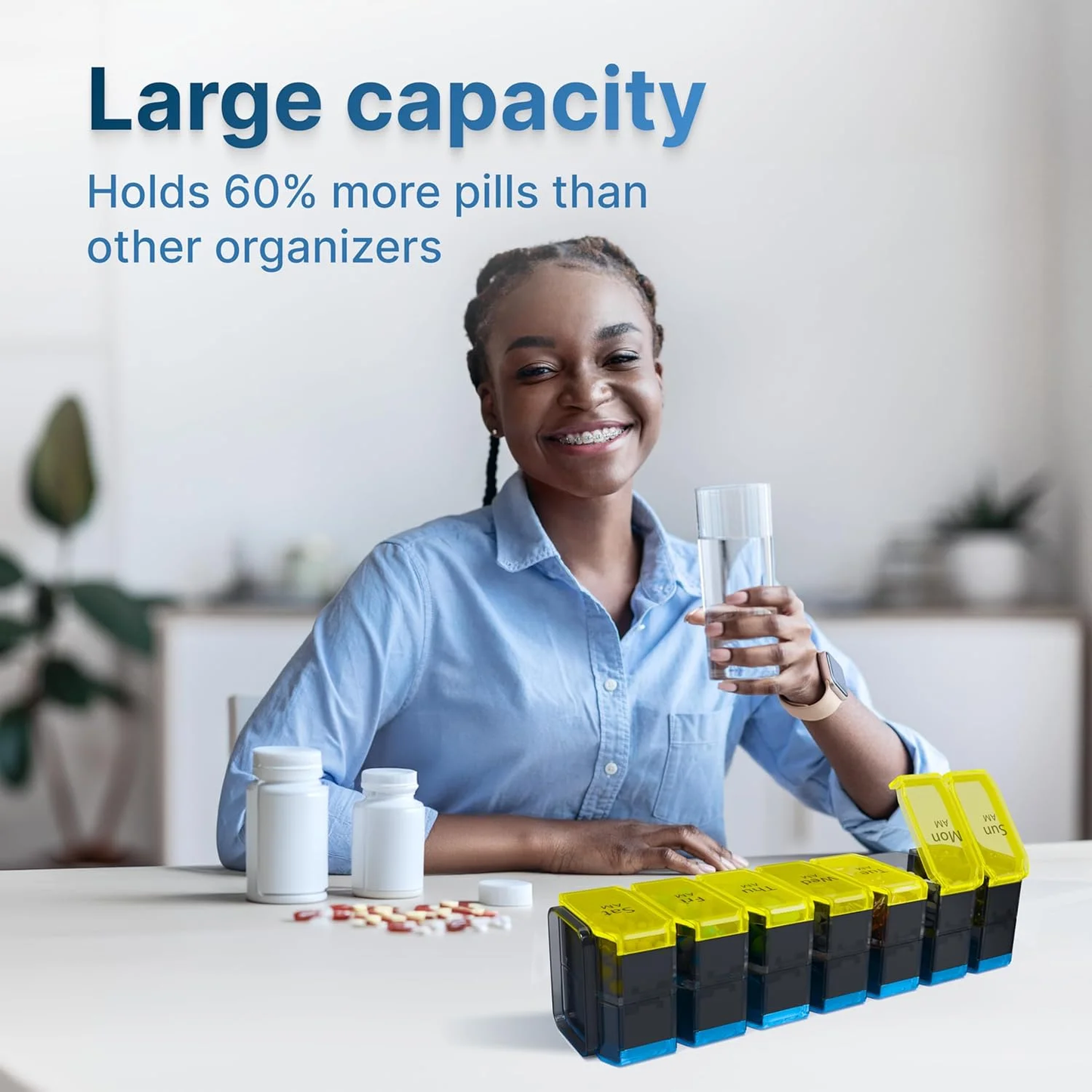 Large Weekly Pill Organizer 2 Times a Day - XL Pill Case Am Pm - Big Pill Box 7 Day Oversized Daily Vitamin Organizer Jumbo Pill Container Twice a Day Medicine Supplement Dispenser Yellow and Blue