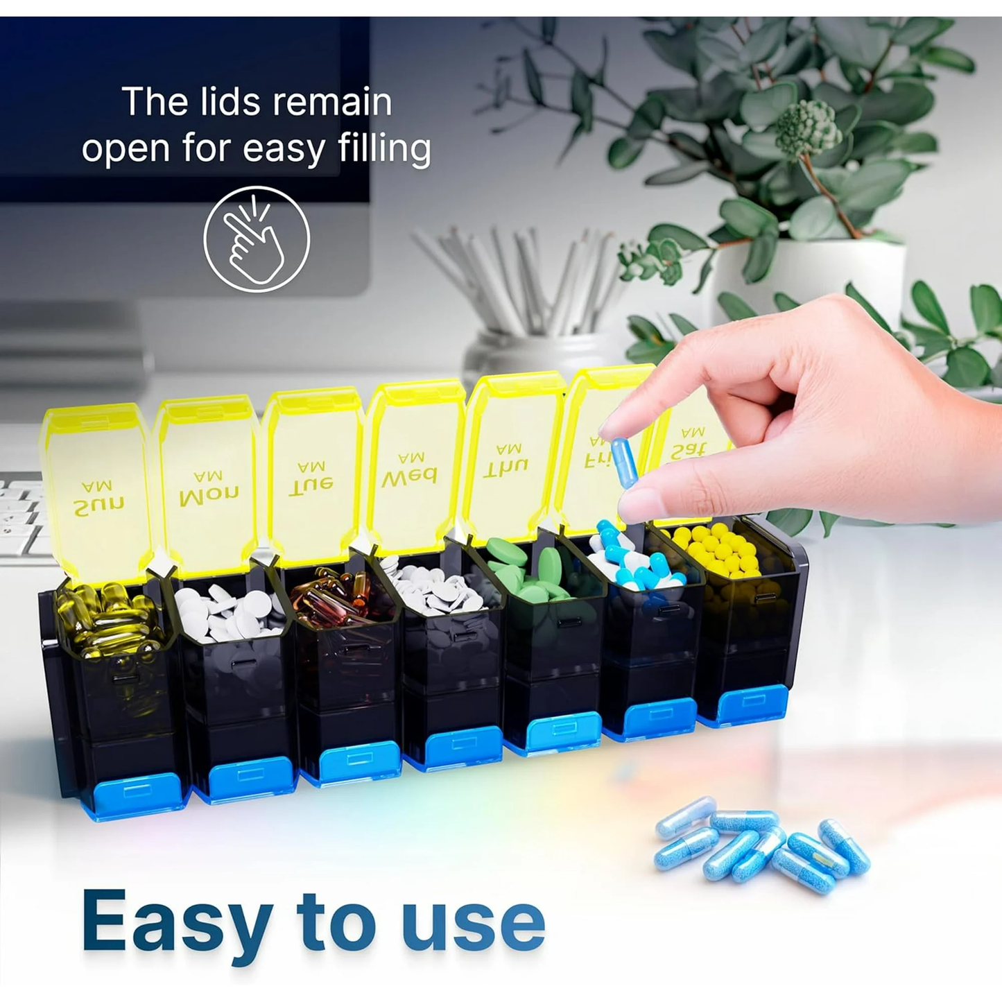 Large Weekly Pill Organizer 2 Times a Day - XL Pill Case Am Pm - Big Pill Box 7 Day Oversized Daily Vitamin Organizer Jumbo Pill Container Twice a Day Medicine Supplement Dispenser Yellow and Blue