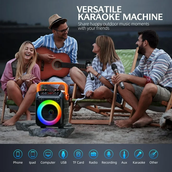 LOOKFUN Karaoke Machine, Portable Bluetooth Speaker with 2 Wireless Microphones for Adults & Kids with Lights, Karaoke Microphone with PA System Supports USB/TF/REC/FM/AUX for Home Party