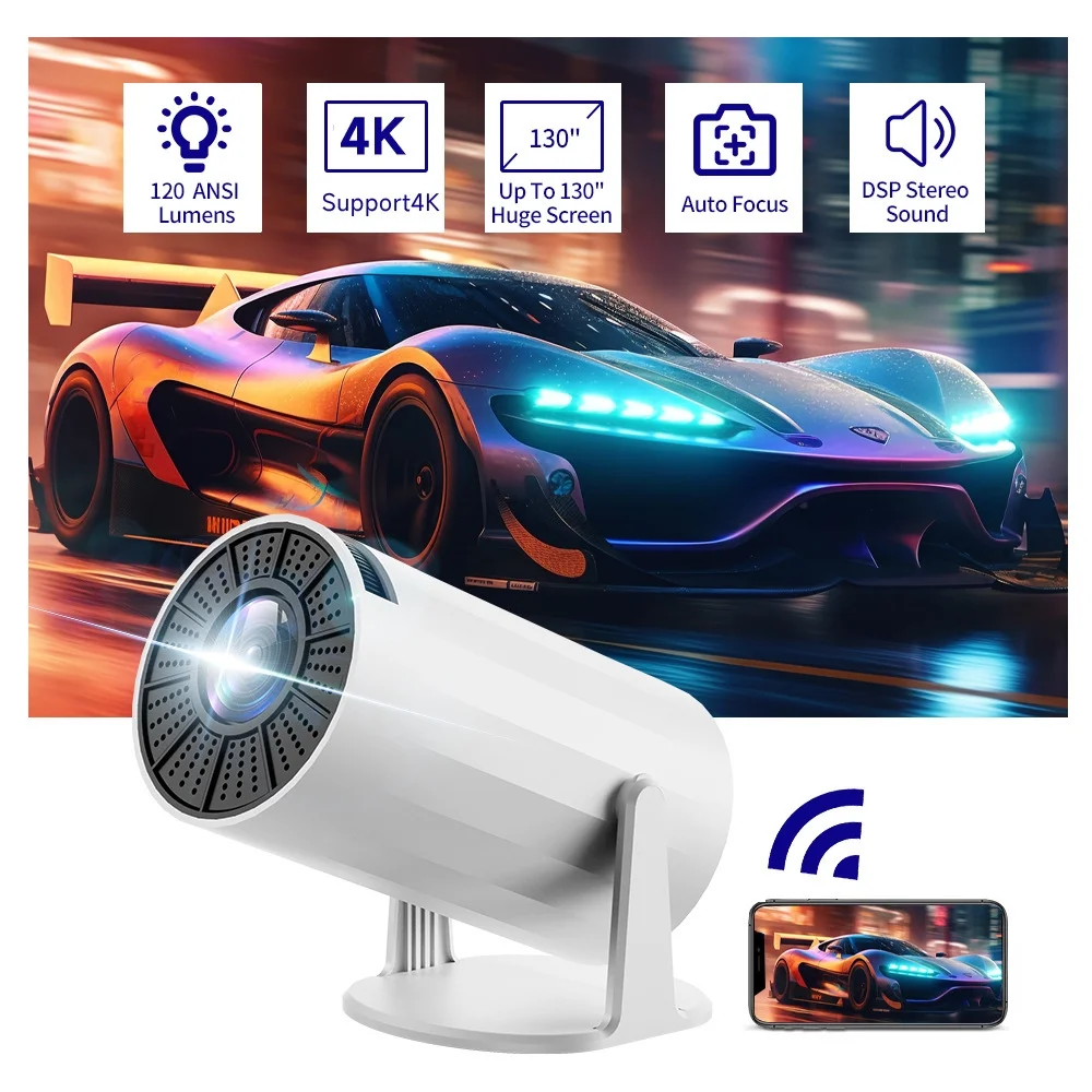 Mini Projector with WIFI 6 and Bluetooth, 4K 1080P Support Portable Projector 180° Rotatable 130'' Screen Movie Projector Auto Keystone Compatible for Laptop, PC, Smartphone (White)