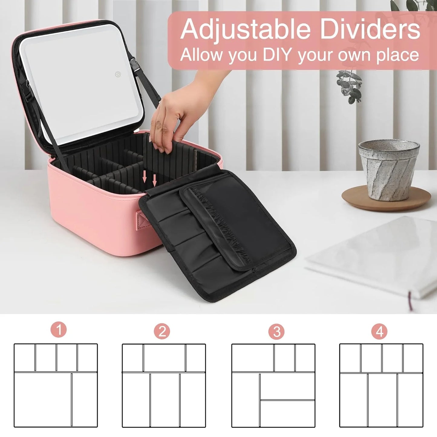 IDFINE Travel Makeup Bag With LED Mirror, Cosmetic Train Case with Light up Mirror, Portable Makeup Artist Organizer Bag with Adjustable Dividers, Makeup Brush Holder Storage, Pink