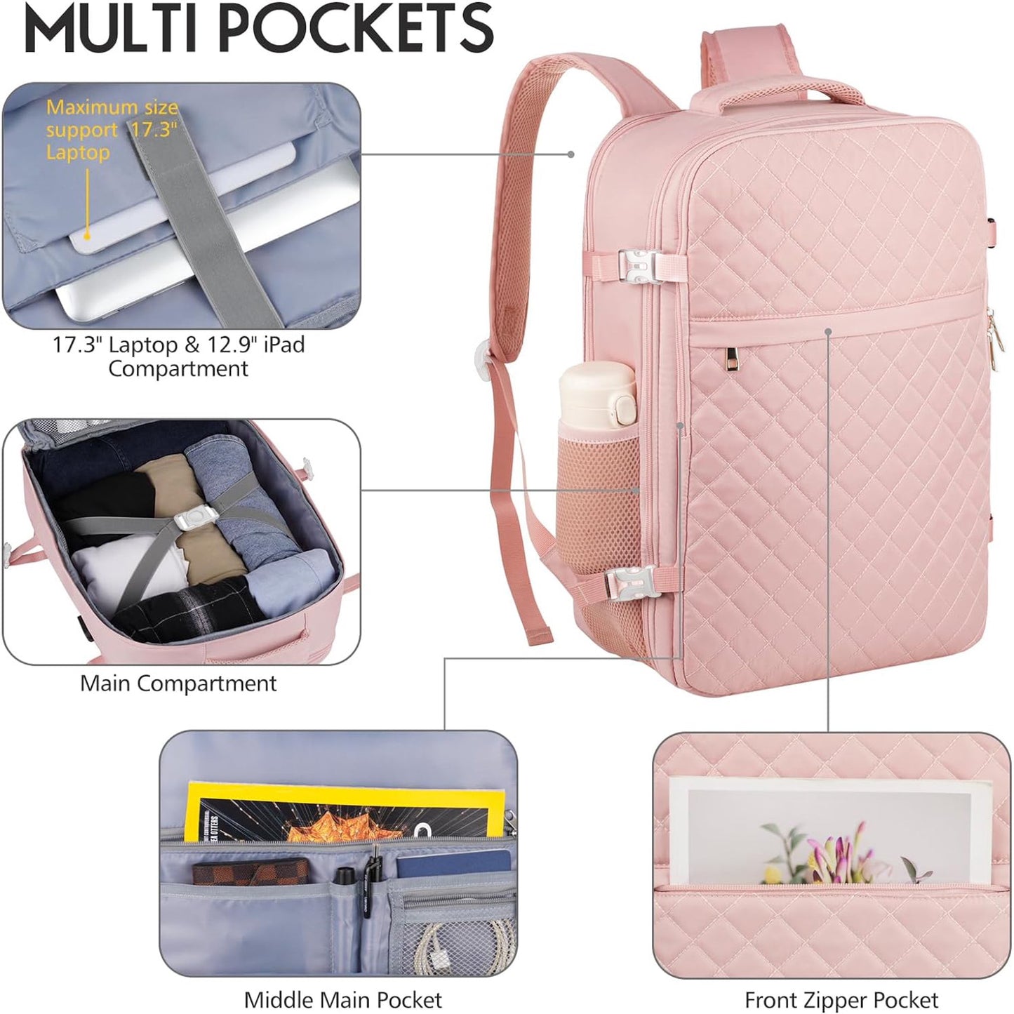 Fashion Backpack For Women And Men, Flight Approved Carry On Backpack, Water Resistant Large Casual Daypack Fit 17 Inch Laptop with USB Charging Port, The Best Gift Choice For Christmas, Pink