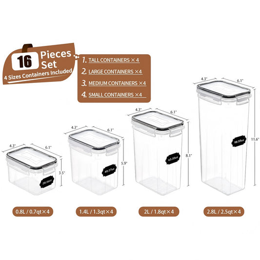 16 pcs Airtight Food Storage Containers, Flour Canisters, for Kitchen Organization