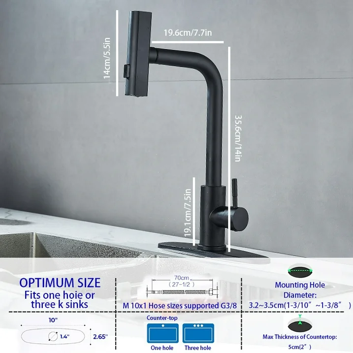 Black Kitchen Faucets with Pull Down Sprayer,Waterfall Kitchen Sink Faucet,Commercial Utility Stainless Steel Kitchen Faucets,Single Handle Kitchen Sink Faucet with Pull Down Sprayer for 3 Function