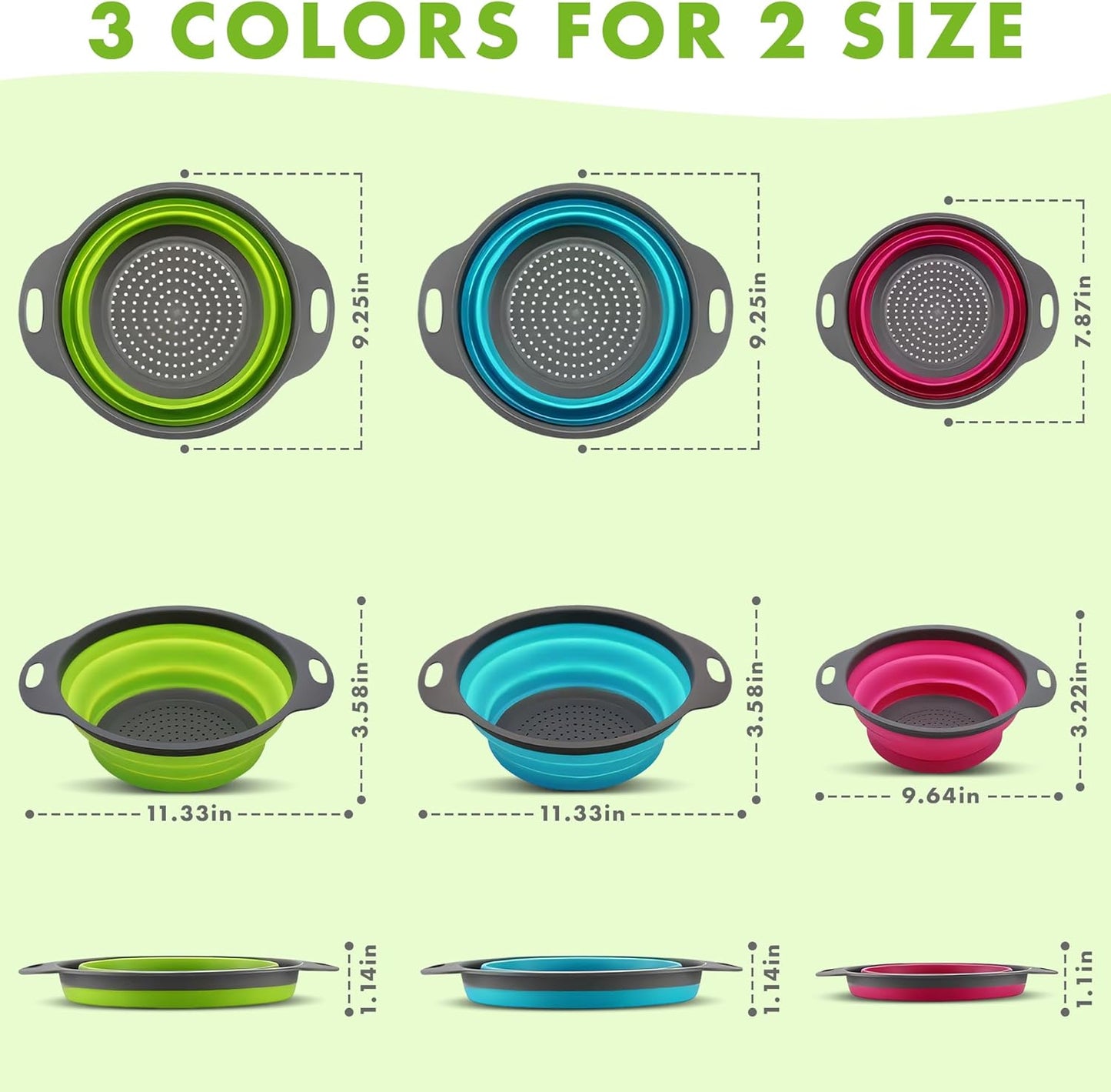 LVL Collapsible Colander Set of 3 Round Silicone Kitchen Strainer Set - 2 pcs 4 Quart and 1 pcs 2 Quart- Perfect for Draining Pasta, Vegetable and fruit (green,blue, purple)