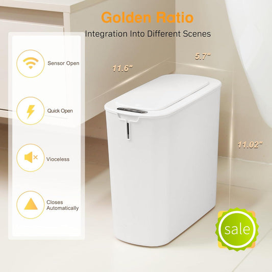 2 Pack 3.2 Gallon Automatic Touchless Garbage Can, Small Motion Sensor Smart Trash Can, Slim Waterproof Trash Bin for Bedroom, Bathroom, Office, Living Room, White