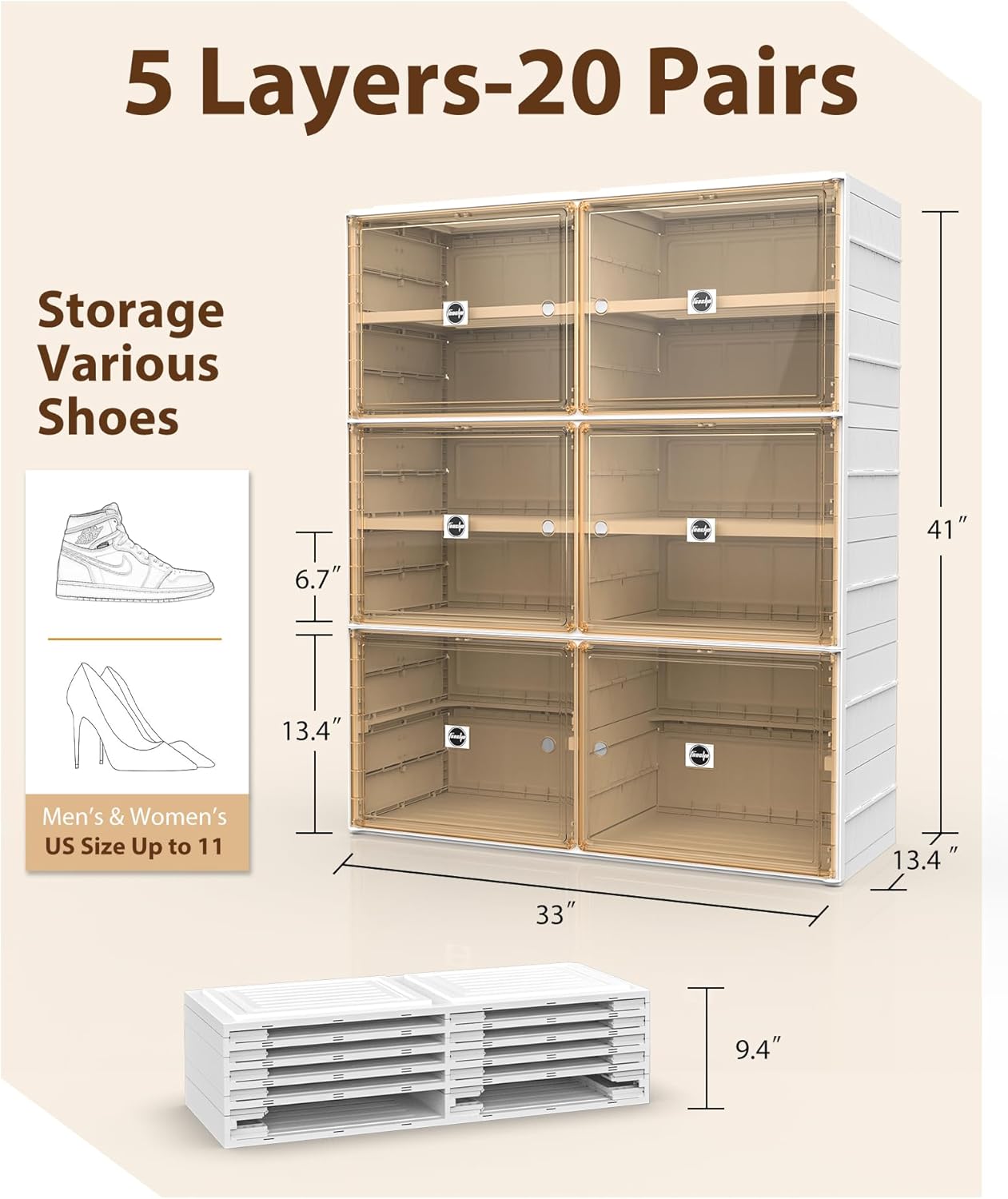 Foldable Shoe Rack Organizer for Closet Plastic Collapsible Shoe Shelf for front door entrance Stackable Clear Folding Shoes Storage Boxes Tall Shoe Cabinet with Lids 5 Tiers 20 Paris.