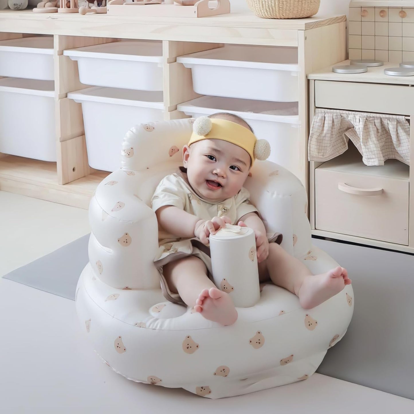 Baby Inflatable Seat for Babies 3 Months & Up, Baby Floor Seats for Sitting Up with Built in Air Pump, Blow Up Baby Chair for Infants - Bear Head