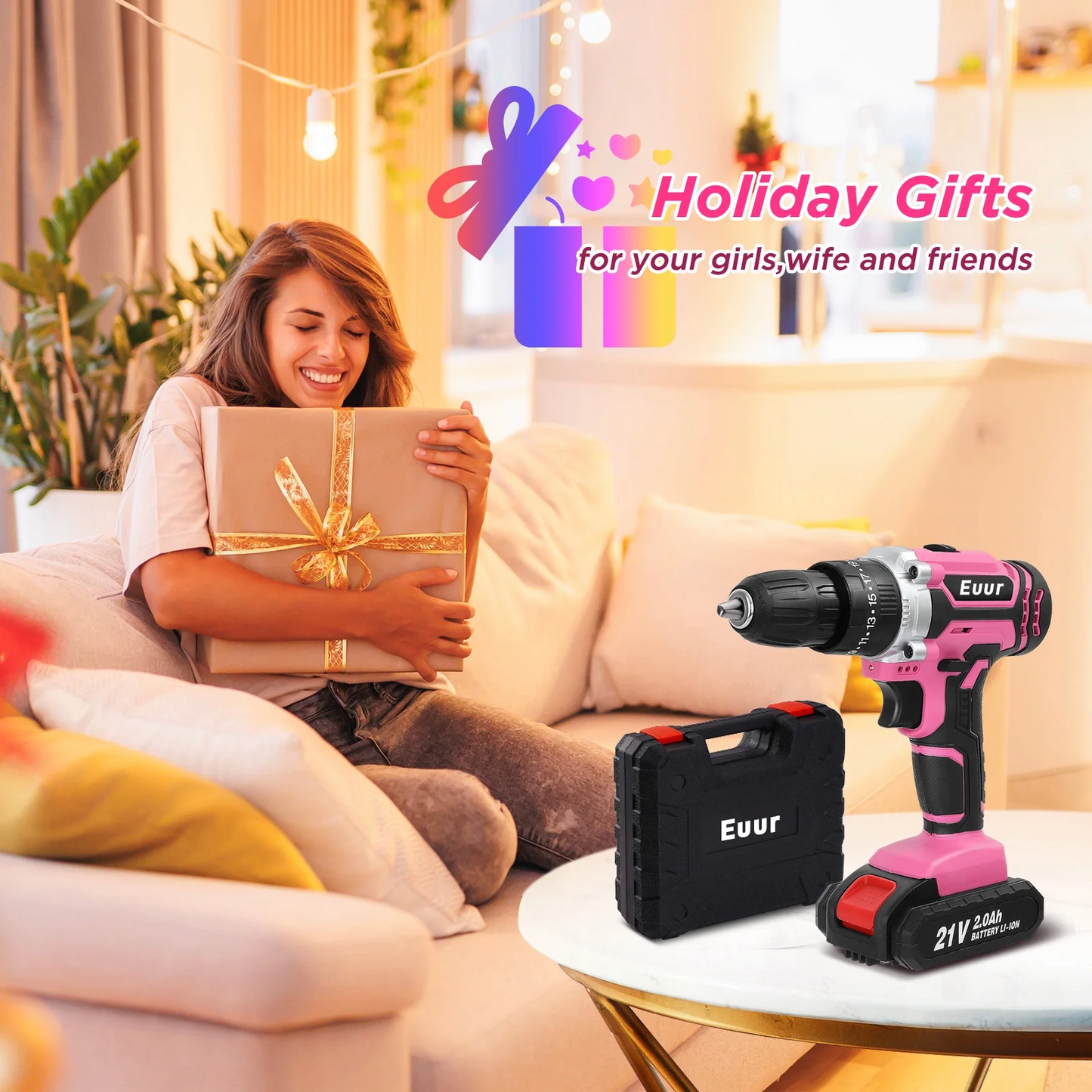 Cordless Drill, 21V Power Drill Set with 2Ah Battery, 3/8"Keyless Chuck, 25+1 Position Electric Drill, 2-Speed Transmission For Screwdriving And Drilling, Pink