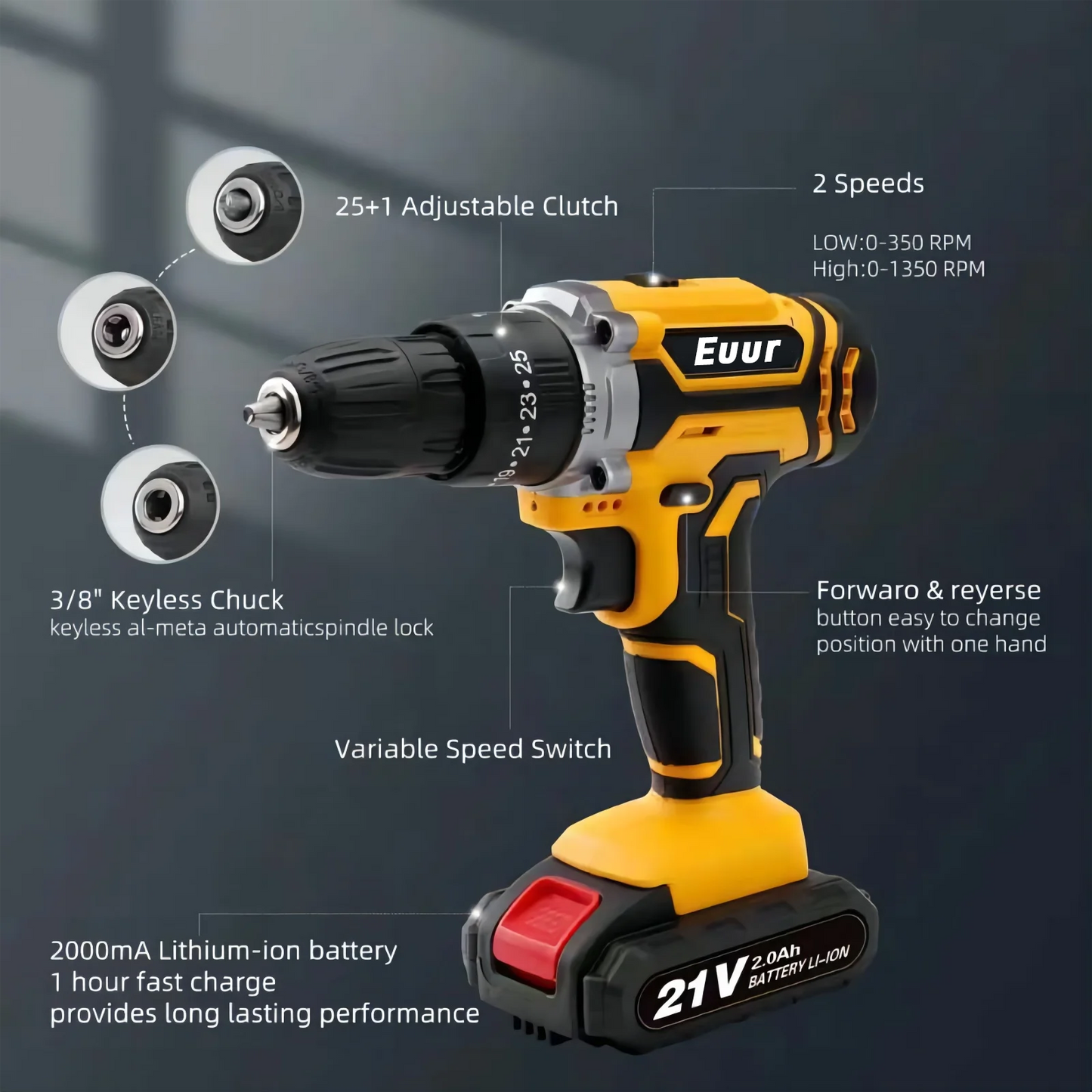 Euur Cordless Drill, 21V Power Drill Set with 2Ah Battery, 3/8"Keyless Chuck, 25+1 Position Electric Drill, 2-Speed Transmission For Screwdriving And Drilling, Yellow