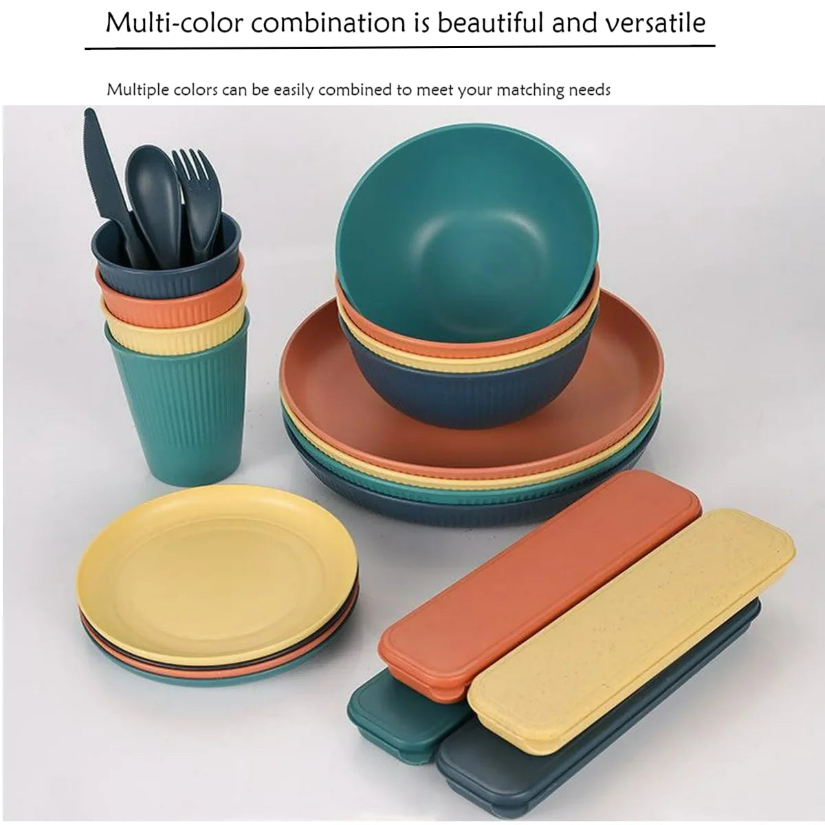 Unbreakable Wheat Straw Set - Microwave and Dishwasher Safe Soup and Salad Bowls, 32-Piece Set, BPA Free, Multicolor