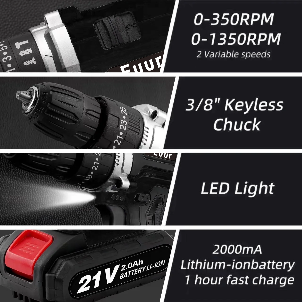 Euur Cordless Drill, 21V Power Drill Set, 25+1 Position Adjustable Torque Electric Drill, 2-Speed Transmission For Screwdriving And Drilling, Black