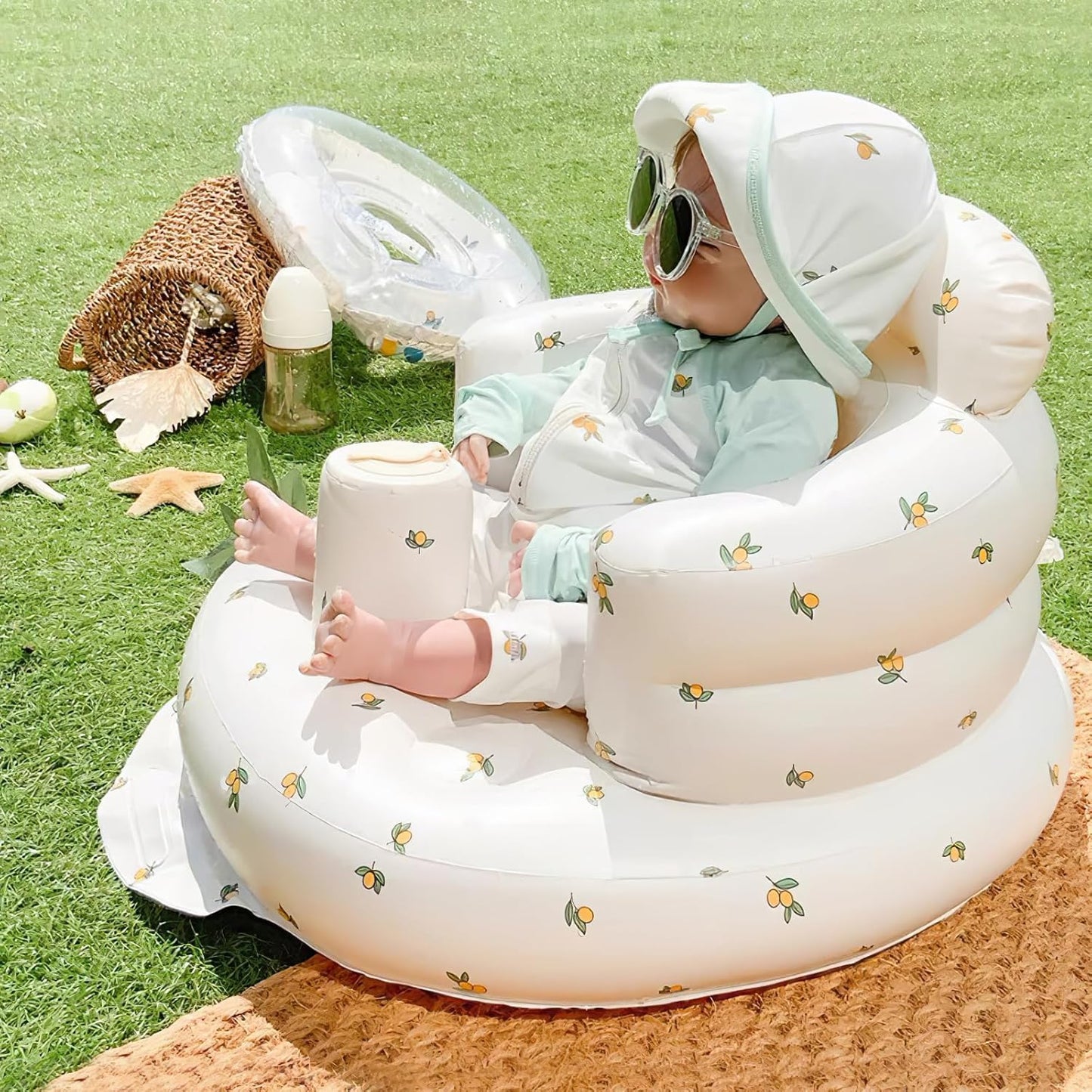 Baby Inflatable Seat for Babies 3 Months & Up, Baby Floor Seats for Sitting Up with Built in Air Pump, Blow Up Baby Chair for Infants -Flower