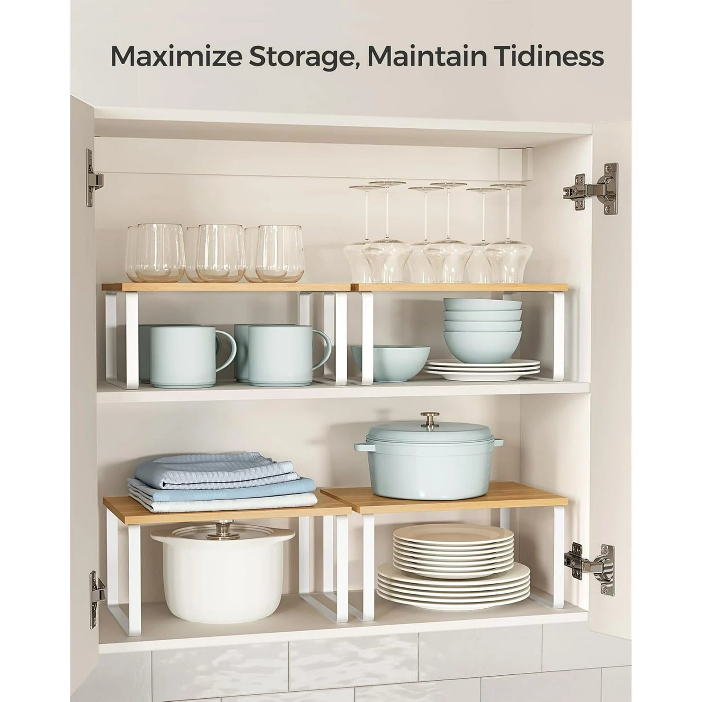 Cabinet Organizer Shelf, Set of 2 Kitchen Counter Shelves, Kitchen Storage, Spice Rack, Stackable, Expandable, Metal and Engineered Wood, Cloud White and Natural Beige-White