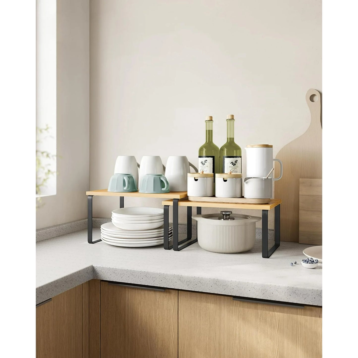 Cabinet Shelf Organizer, Extendable Countertop Shelves Set of 2, Kitchen Spice Racks, Stackable, Storage Racks for Cupboard, Sink, Pantry, Bathroom, Natural, Metal-Black