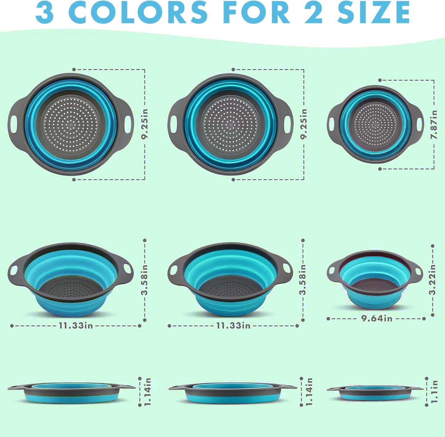 LVL Collapsible Colander Set of 3 Round Silicone Kitchen Strainer Set - 2 pcs 4 Quart and 1 pcs 2 Quart- Perfect for Draining Pasta, Vegetable and fruit (blue)