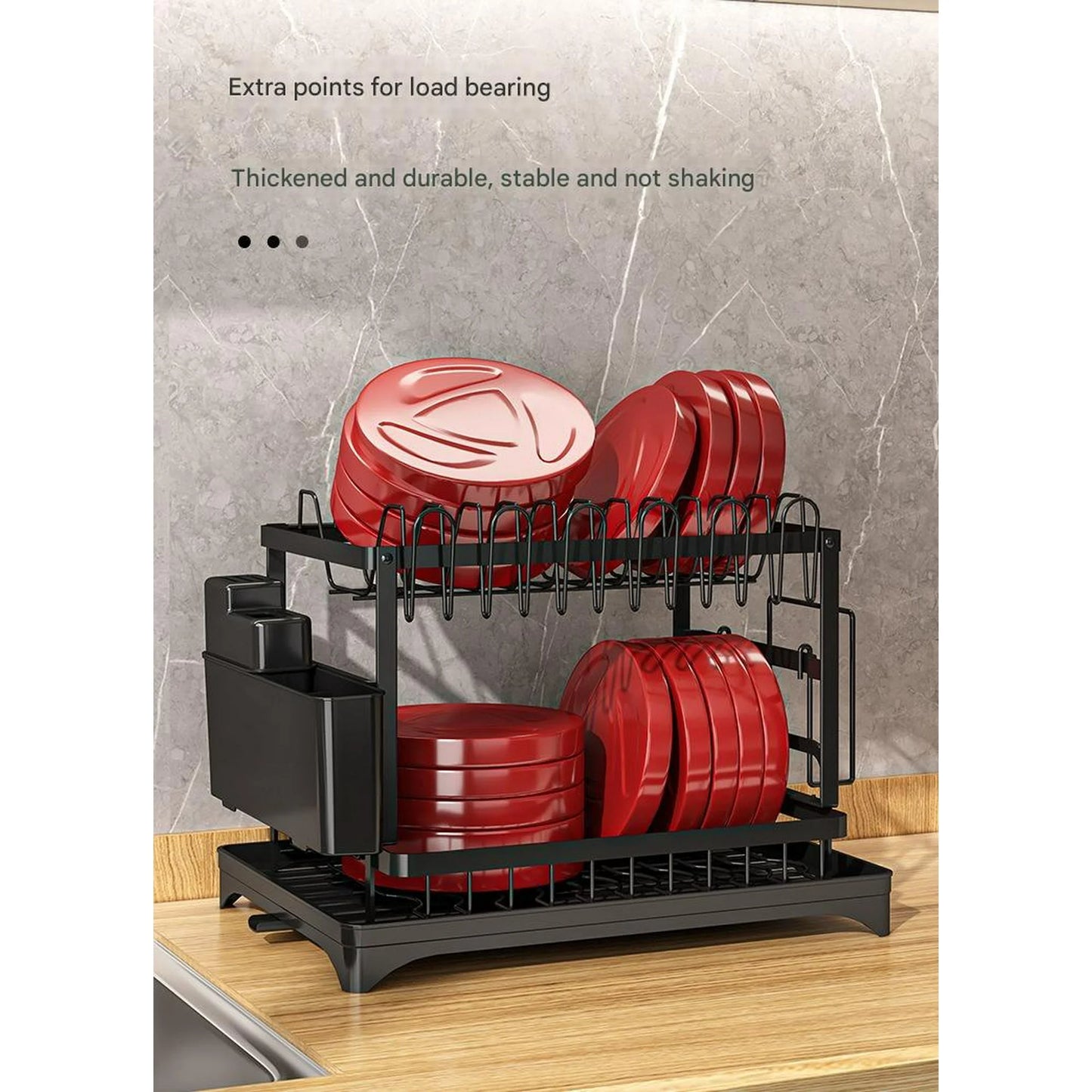 Dish Drying Rack - Stainless Steel Dish Rack for Kitchen Counter, 2-Tier Kitchen Organizers and Storage Rack with Drainboard and Cutlery Holder, Large, Black