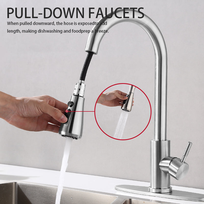 Kitchen Faucets with Pull Down Sprayer (3 Modes), Brushed Nickel Kitchen Faucet Single Hole, Single Handle Kitchen Sink Faucet, High Arc 304 SUS Stainless Steel Faucet for Kitchen, Bar, RV