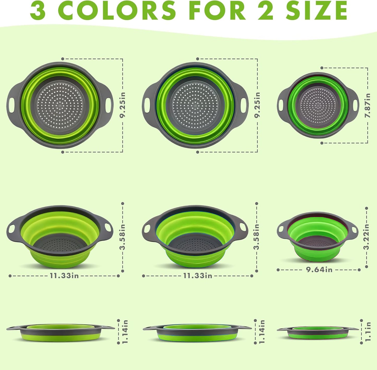LVL Collapsible Colander Set of 3 Round Silicone Kitchen Strainer Set - 2 pcs 4 Quart and 1 pcs 2 Quart- Perfect for Draining Pasta, Vegetable and fruit (green)
