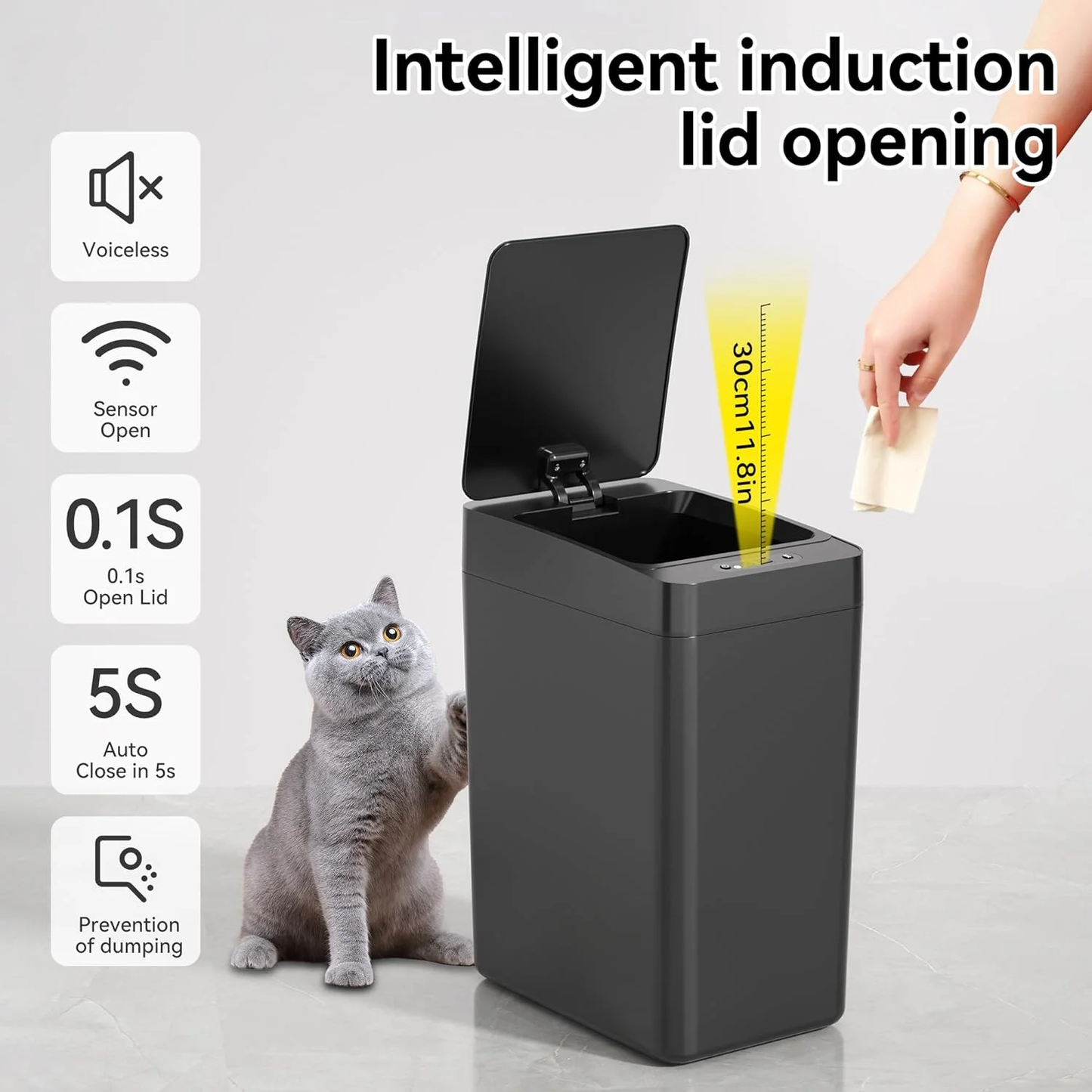 IRINNA Bathroom Small Trash Can with Lid, 2.6 Gallon Touchless Automatic Garbage Can Slim Waterproof Motion Sensor Smart Trash Bin for Bedroom, Office, Kitchen, Living Room (Black)